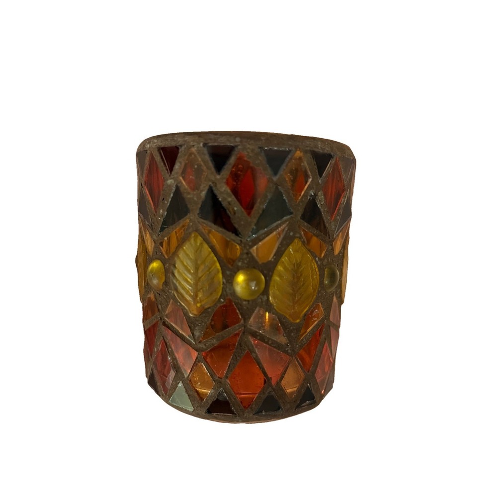 Yankee Candle Leaf Mosaic Glass Votive Holder Yellow Red Orange Black Y3 NIOB